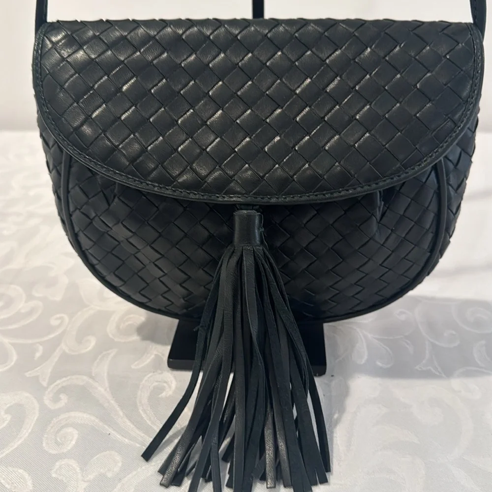 Black/Deep Green Woven Leather Crossbody Bag with Tassel